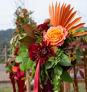 Closeup of chair back floral decor