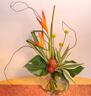 A striking contemporary design made with parakeet heliconia, dracaena, pincushion protea, craspedia, flax, monstera leaves, and curly willow.