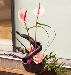 Decorative arrangement with pink flowers and a black curved object on a light background