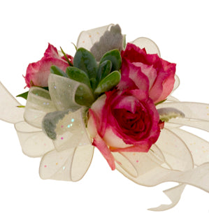 A floral wristlet or boutonniere featuring pink roses, green succulent leaves, and sheer white organza ribbon with subtle glitter, isolated on a white background.